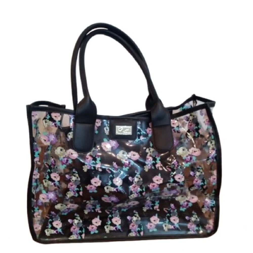 Betsey Johnson Floral and Dog Motif Black Clear Tote Bag